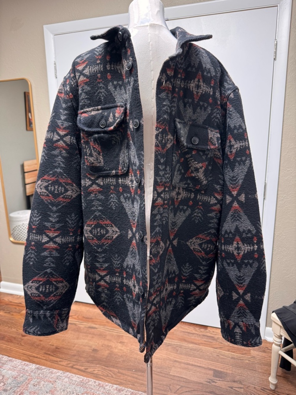 Jachs New York Men's Black Patterned Wool-Blend Shacket Jacket